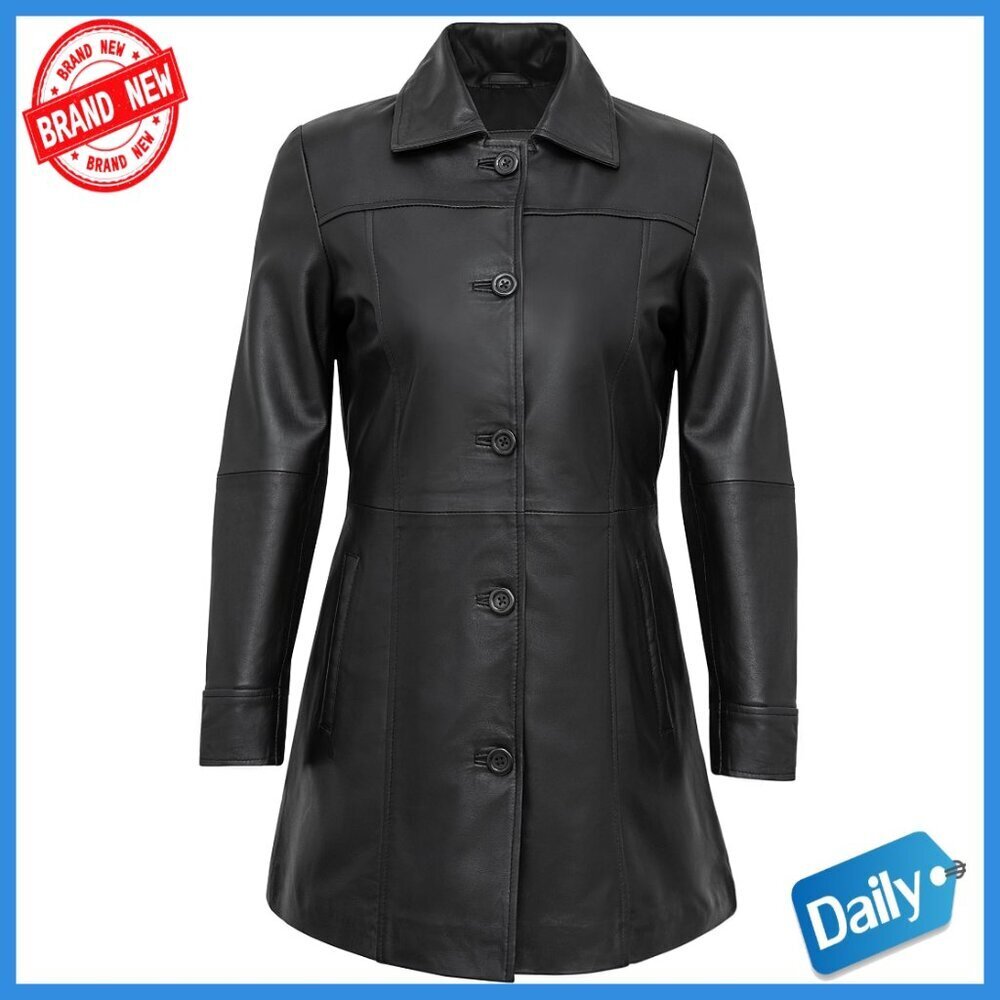 Real Lambskin Leather Coat Women's Car Coat Long Sleeve Regular Fit